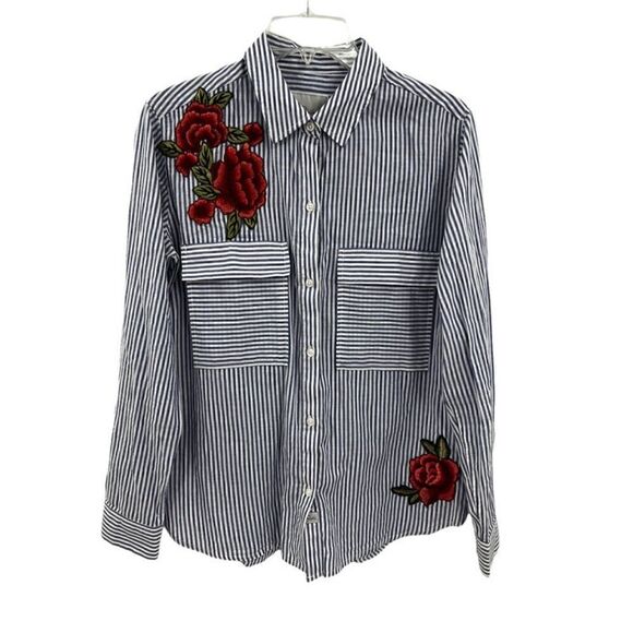Rails | Frances Banker Stripe Button Up Long Sleeve Shirt with Floral Patches - Picture 4 of 9